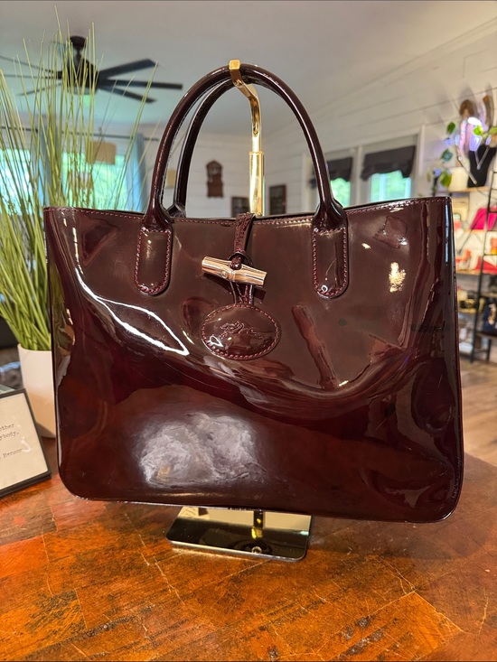 Longchamp Handbags - Longchamp Roseau Patent Leather Box Tote Bag in Black Currant Tortoise